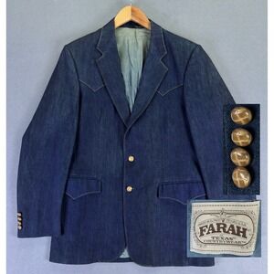 Farah Blazer Jacket 38 Regular Blue Denim Western Yoke Leather Button Cowboy